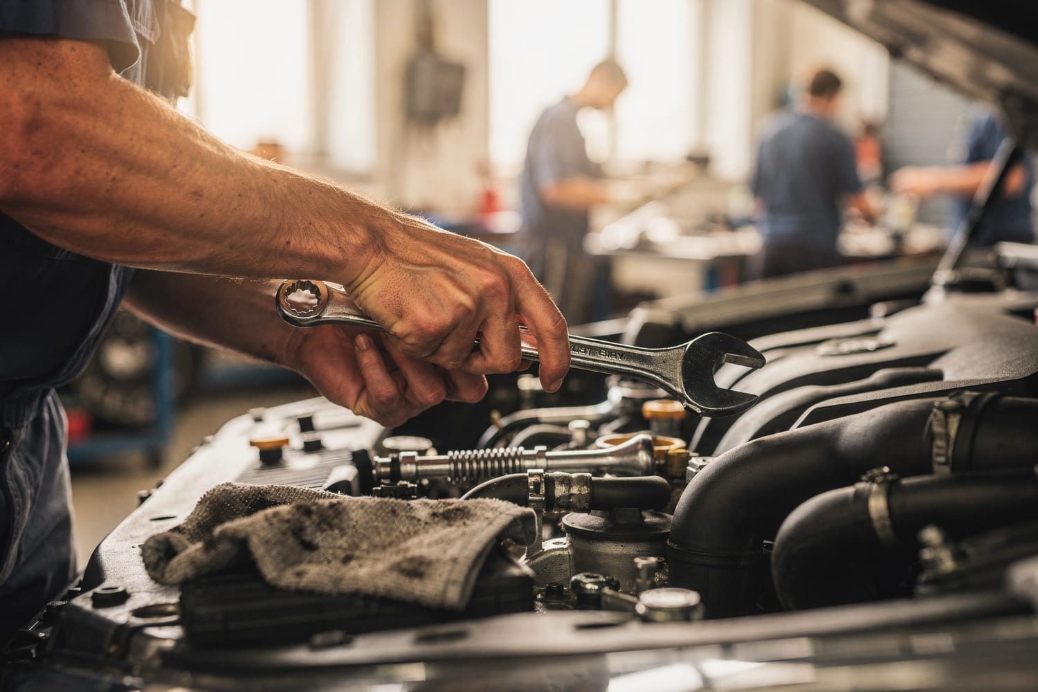A 1 Mile Auto Repair technician working under the hood in warm daylight