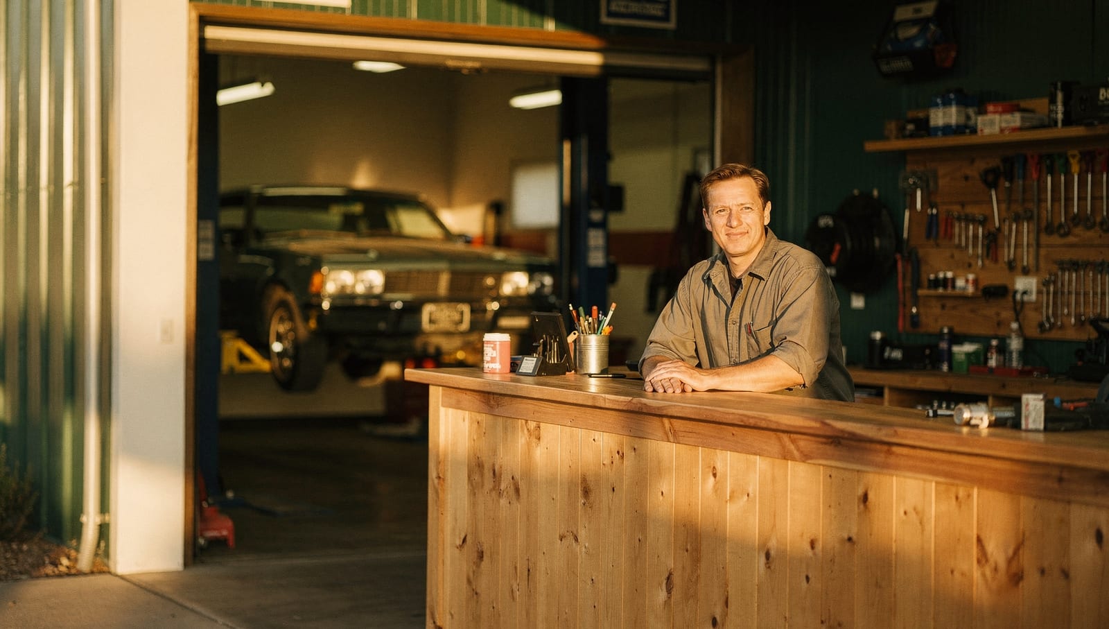 A 1 Mile Auto Repair mechanic at the shop service counter, a car on the lift behind